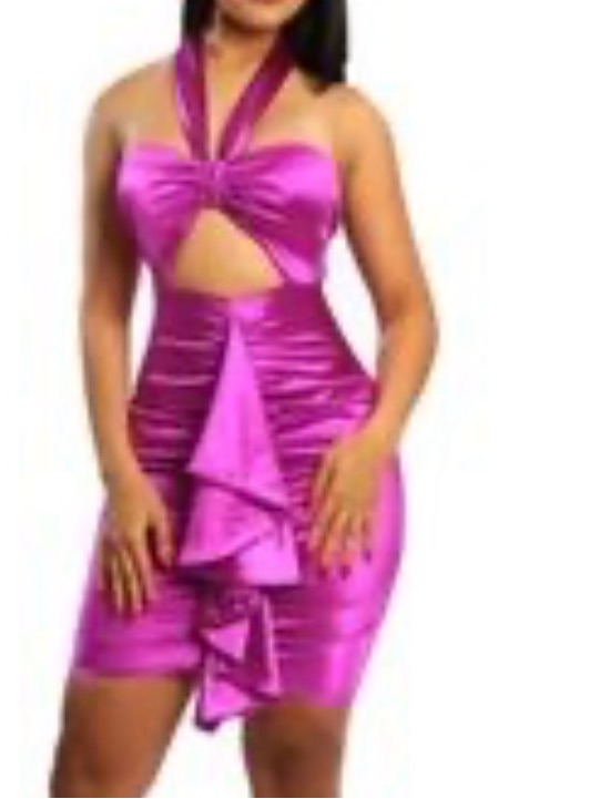 Day & Night Satin Halter Cutout Ruffle Mini Dress - Magenta L
